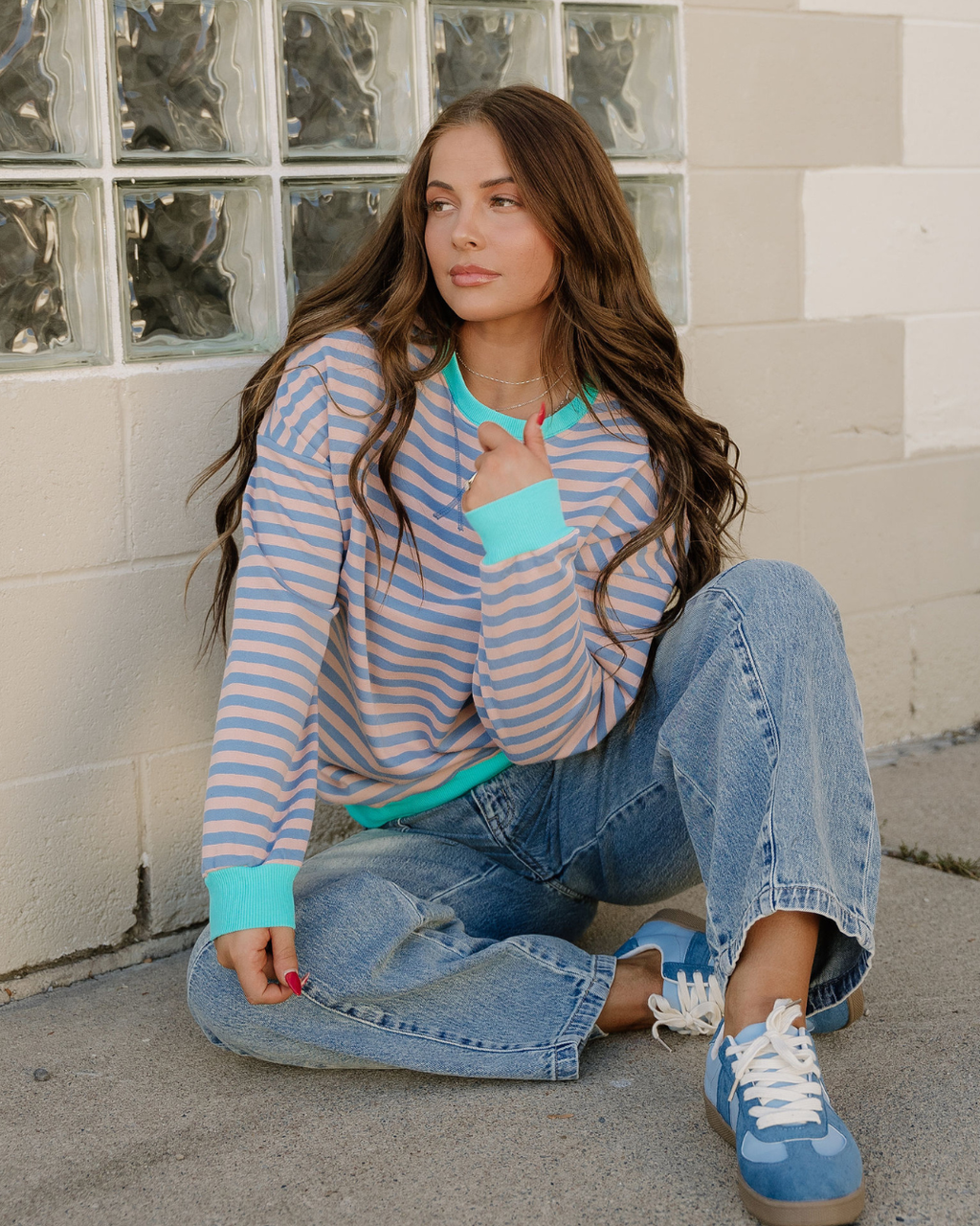 Baya Striped Contrast Trim Drop Shoulder Sweatshirt - Blue/Pink | Dropship
