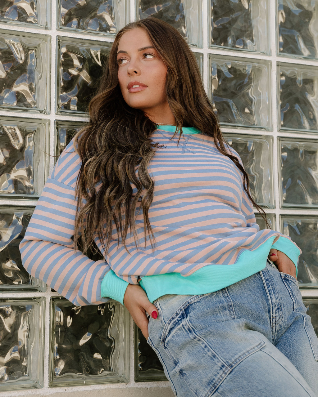 Baya Striped Contrast Trim Drop Shoulder Sweatshirt - Blue/Pink | Dropship