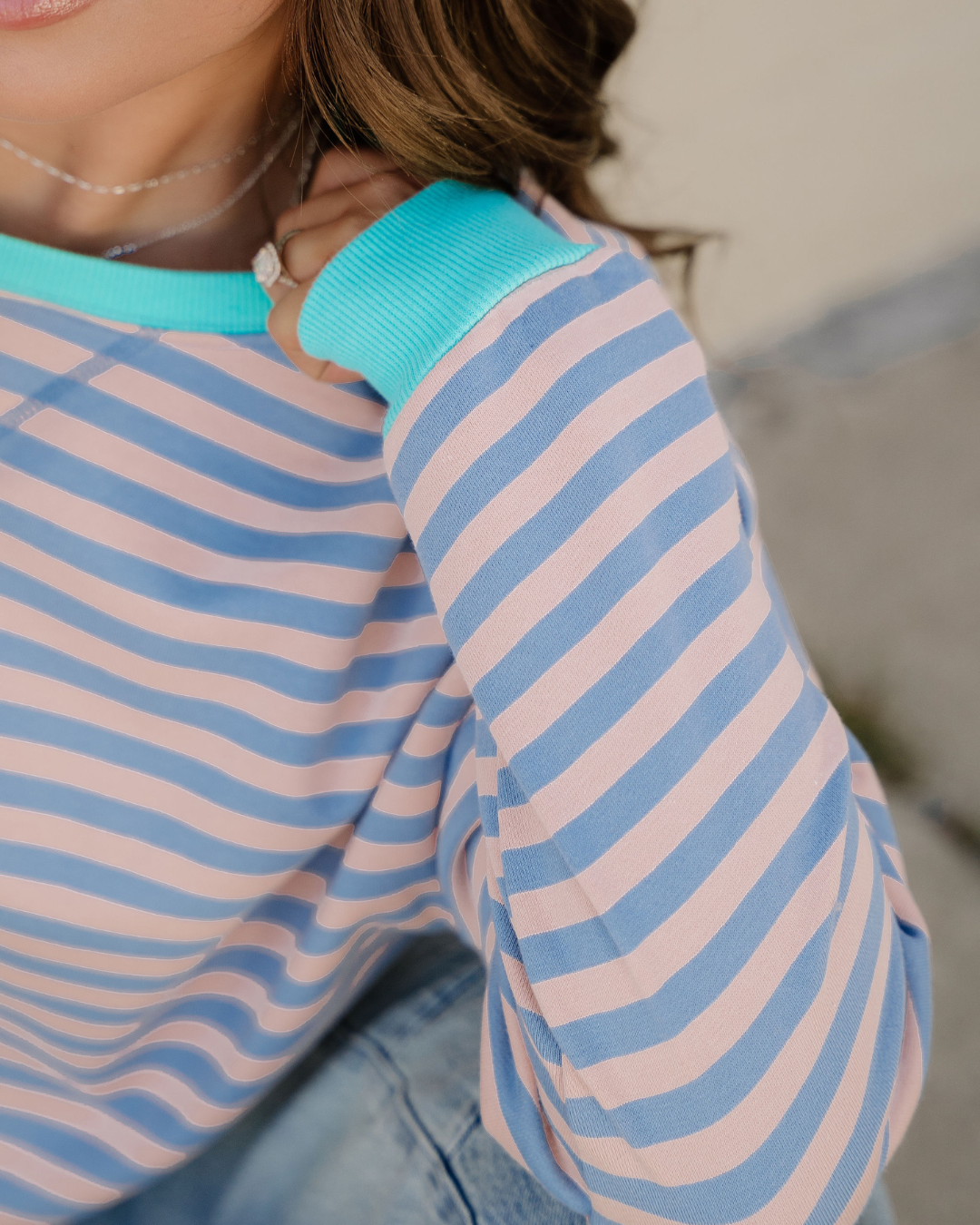 Baya Striped Contrast Trim Drop Shoulder Sweatshirt - Blue/Pink | Dropship