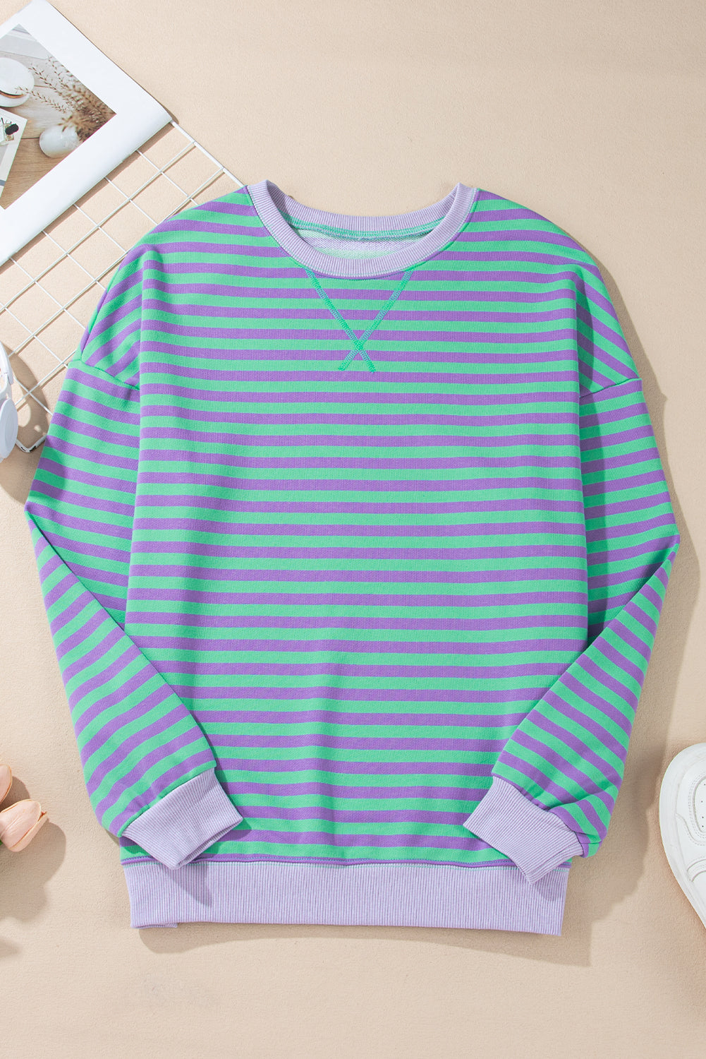 Baya Striped Contrast Trim Drop Shoulder Sweatshirt - Blue | Dropship