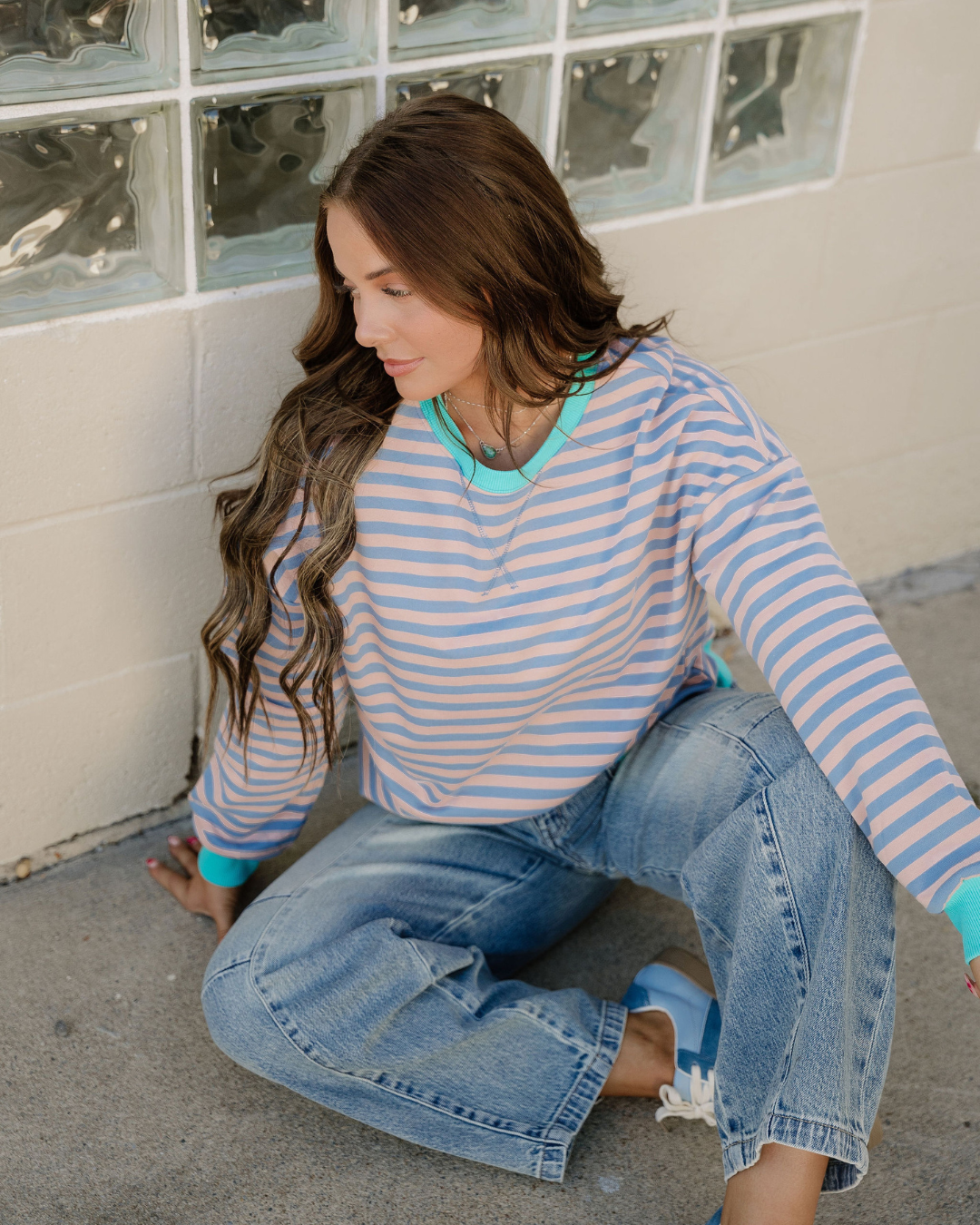 Baya Striped Contrast Trim Drop Shoulder Sweatshirt - Blue/Pink | Dropship