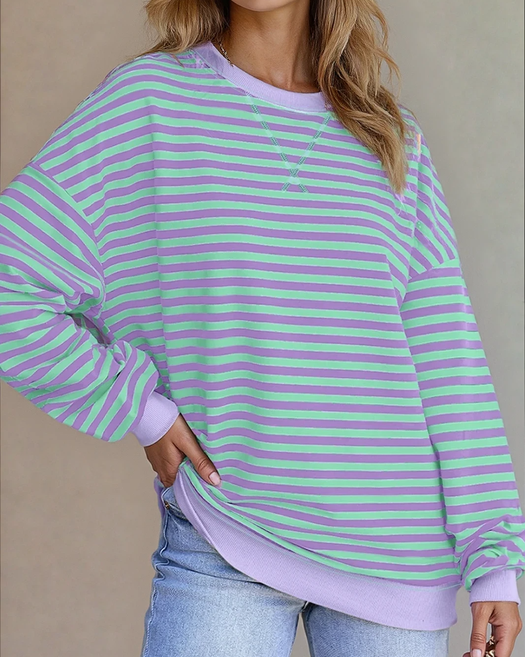 Baya Striped Contrast Trim Drop Shoulder Sweatshirt - Blue | Dropship