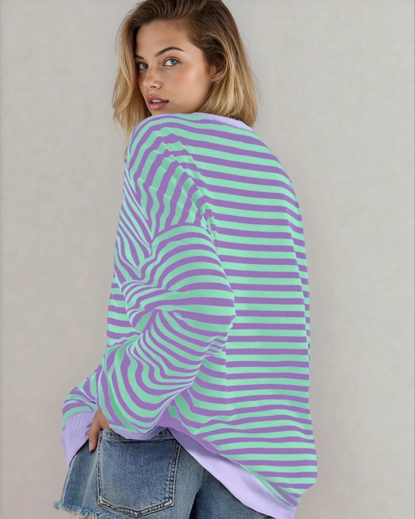 Baya Striped Contrast Trim Drop Shoulder Sweatshirt - Blue | Dropship