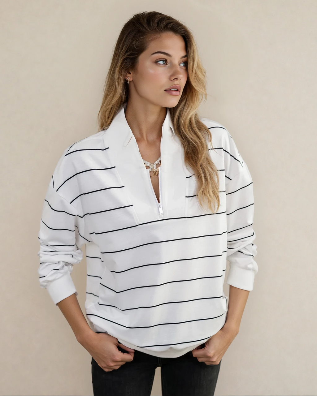Madison Striped Zipper V-Neck Drop Sleeve Top - Black | Dropship