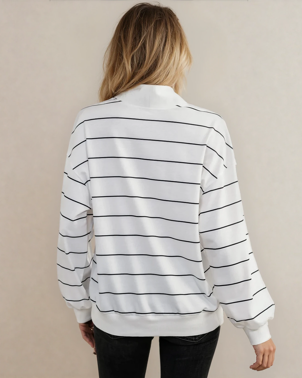 Madison Striped Zipper V-Neck Drop Sleeve Top - Black | Dropship