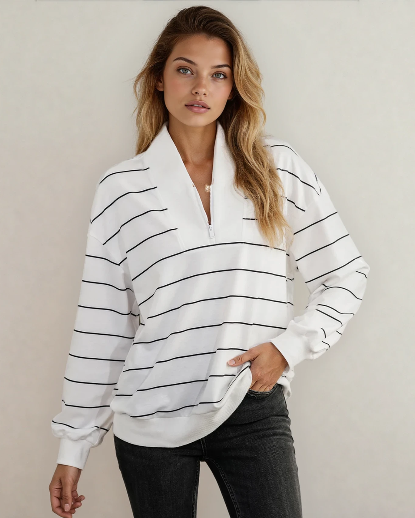 Madison Striped Zipper V-Neck Drop Sleeve Top - Black | Dropship
