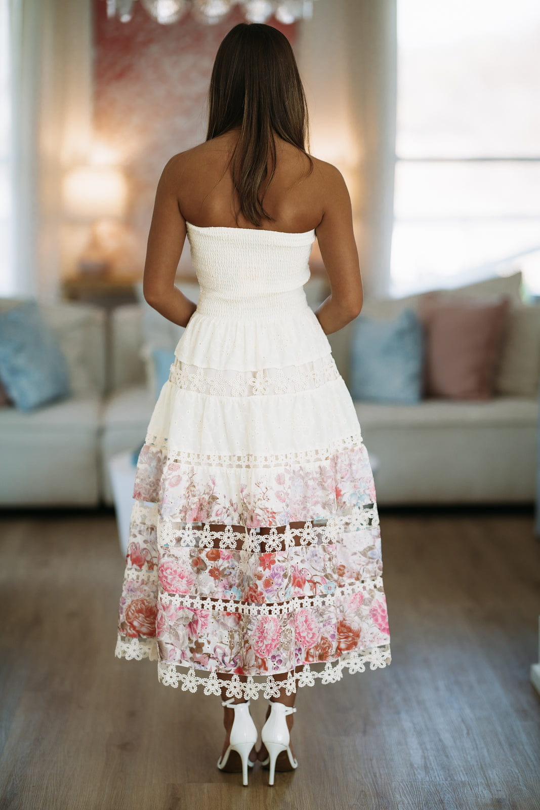 Early Evening Midi Dress - Light Beige, Pink and Purple