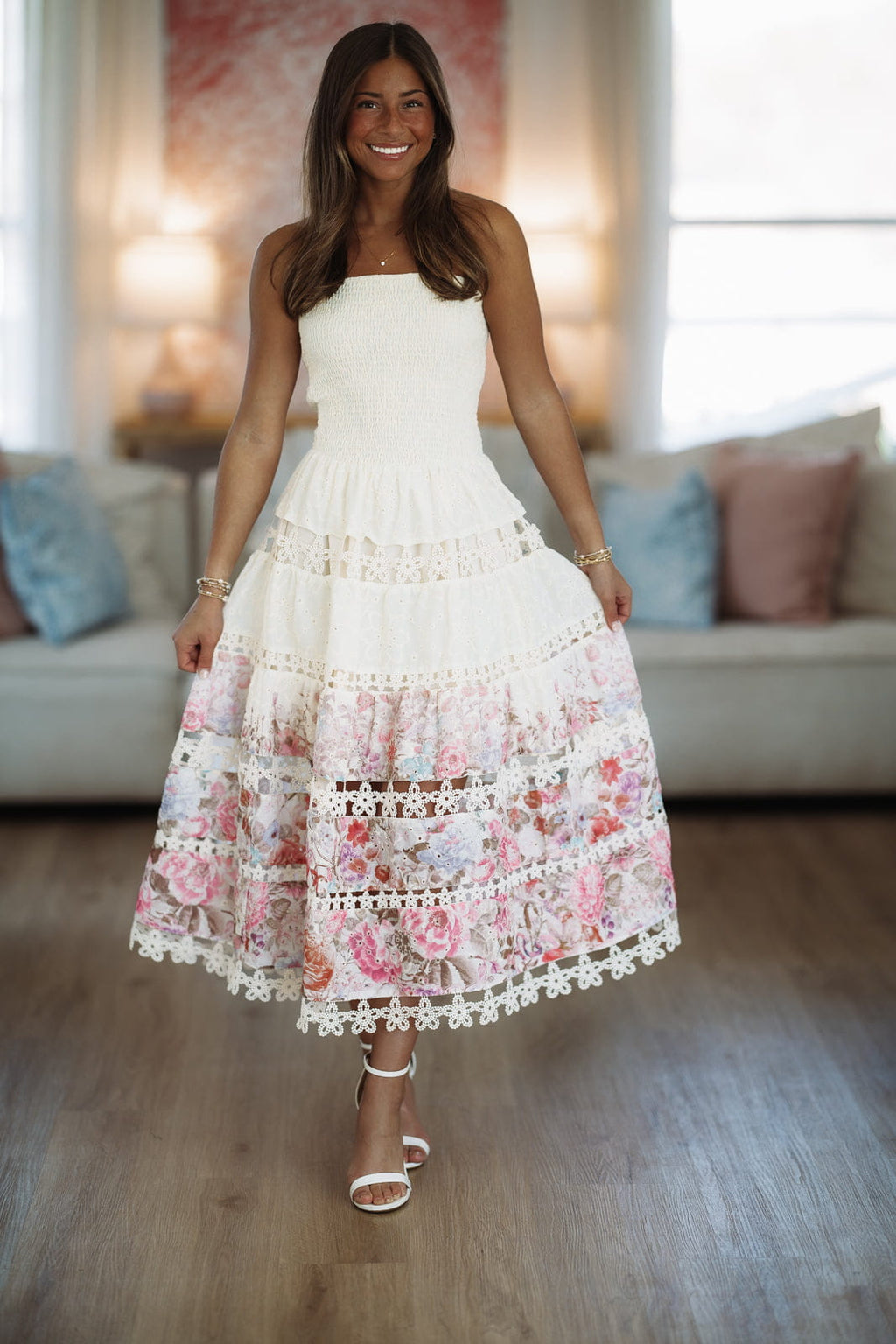 Early Evening Midi Dress - Light Beige, Pink and Purple