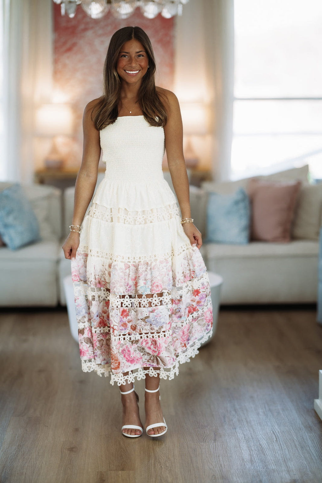 Early Evening Midi Dress - Light Beige, Pink and Purple