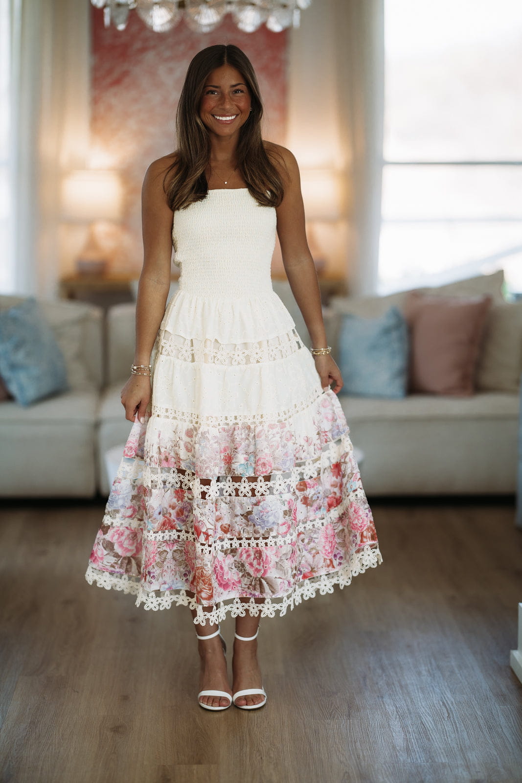 Early Evening Midi Dress - Light Beige, Pink and Purple